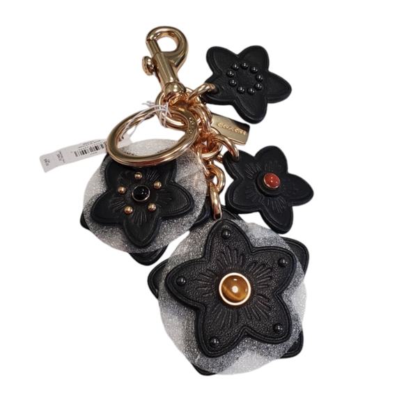 Coach Wildflower Mix Large Leather Bag Charm Black & Gold Multi - Picture 1 of 7
